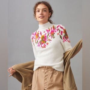 Anthropologie Mock Neck Eyelash Short Sleeve Fuzzy Sweater